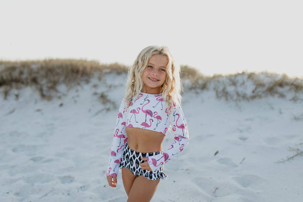 Pink & Black Flamingo 2-Piece Rash Guard Swimsuit with Ruffle Accent