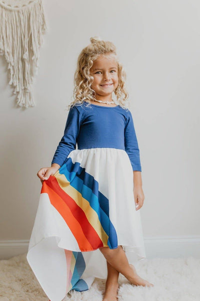 Girls' Navy Rainbow Long Sleeve High Lo Dress