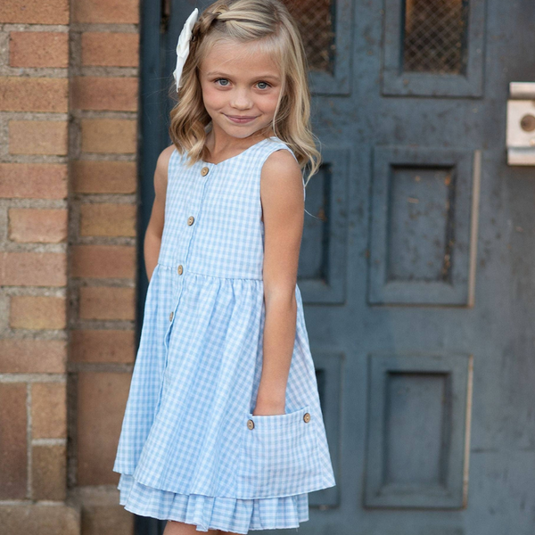 Blue & White Gingham Check Pocket Ruffle Spring Dress