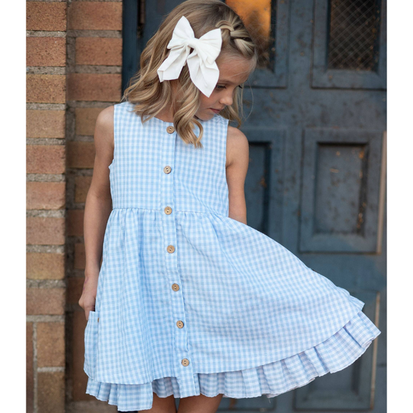 Blue & White Gingham Check Pocket Ruffle Spring Dress