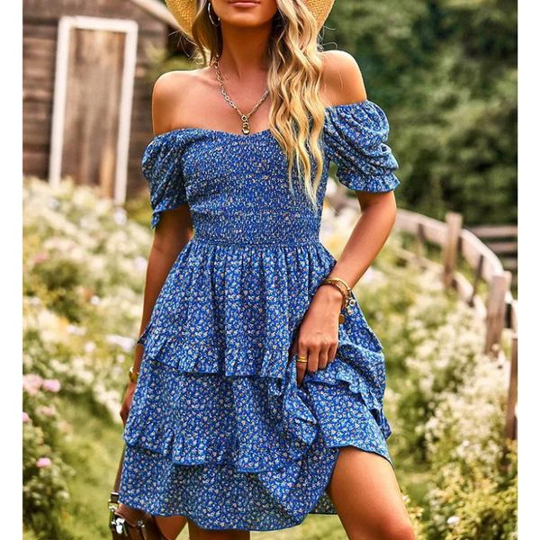 Forget-Me-Not Blue Tiered Off-The-Shoulder Dress for Women