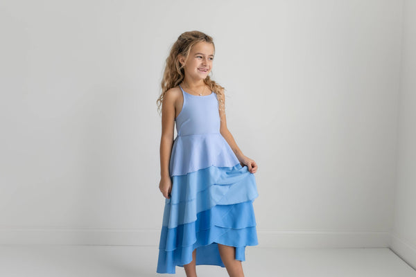 Blue Ombre Waterfall Layered Halter Hi Lo Dress