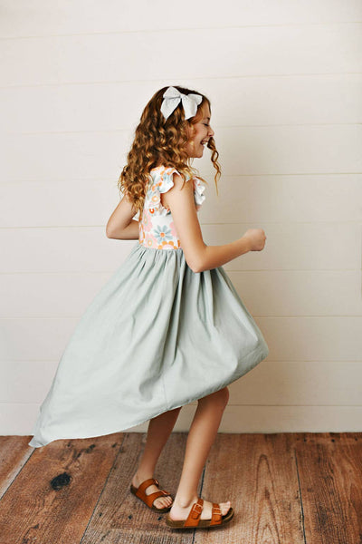 Mint Sage Retro Daisy Hi-Lo Flutter Sleeve Dress