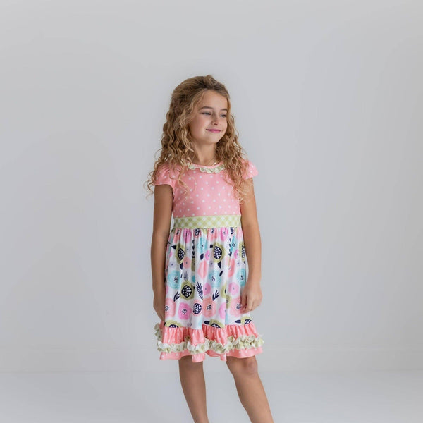 Peach & Green Floral Gingham Ruffle Dress