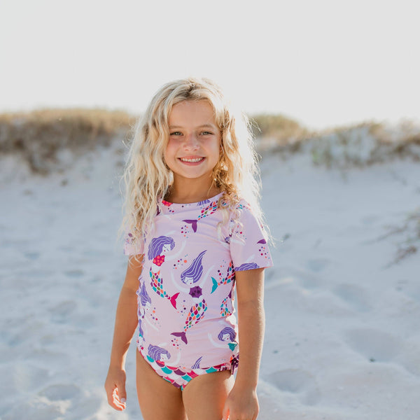 Pink & Purple Mermaid Rash Guard Ruffle Bottom Two-Piece Swimsuit