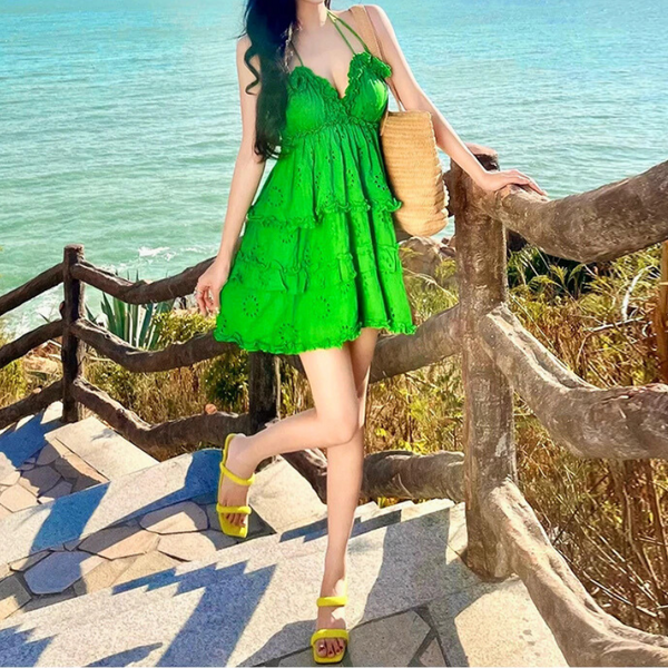 Christina Green Eyelet Open-Back Halter Dress for Women & Teens