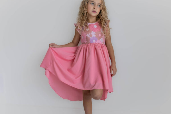 Girls Pink Purple Retro Daisy Hi-Lo Flutter Sleeve Dress