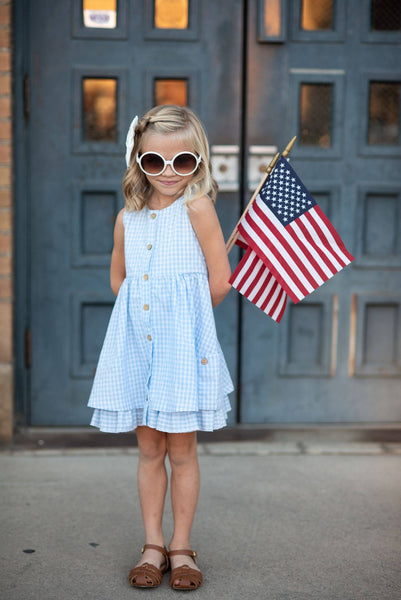 Blue & White Gingham Check Pocket Ruffle Spring Dress