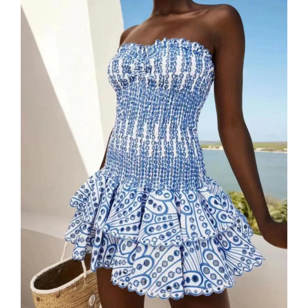 The Krystal Strapless Eyelet Ruffle Mini Dress for Women