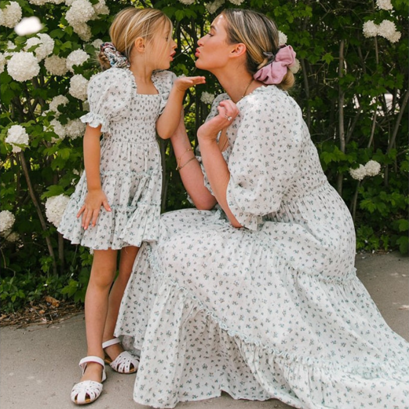 Mommy & Me Matching Dresses: The Leah Dress White w/ tiny blue posies / Girls M9-10