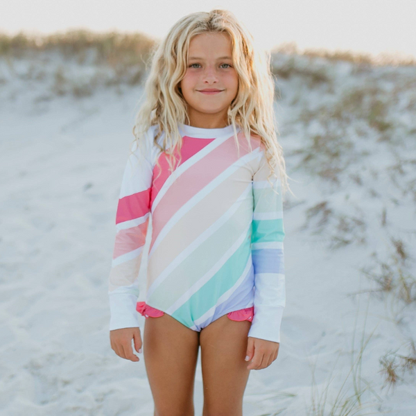 Pastel Rainbow Stripe Zip Rash Guard One Piece Swimsuit