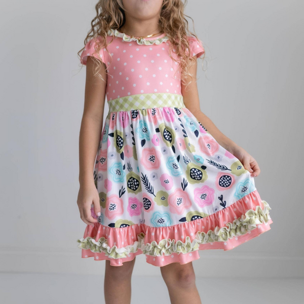 Peach & Green Floral Gingham Ruffle Dress