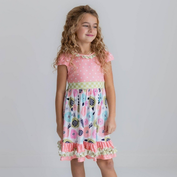 Peach & Green Floral Gingham Ruffle Dress