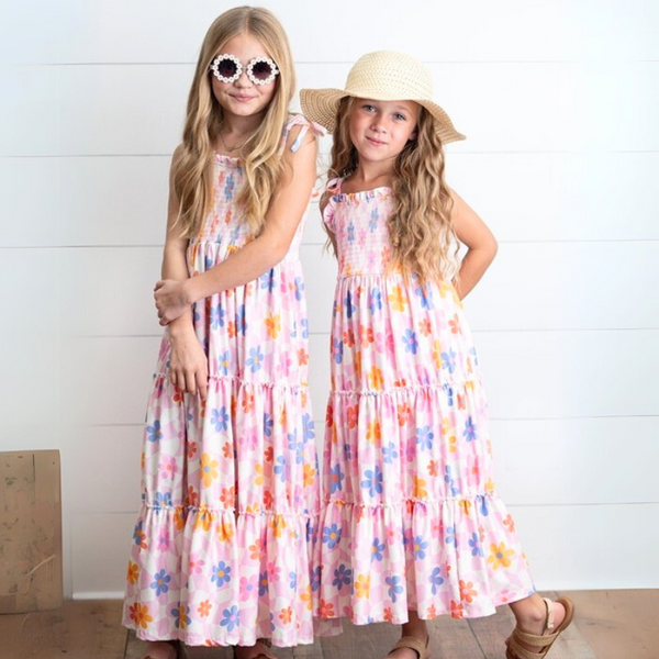 Girls Pink Retro Daisy Tiered Spring Summer Maxi Dress