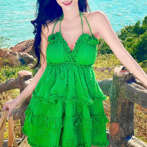 Christina Green Eyelet Open-Back Halter Dress for Women & Teens
