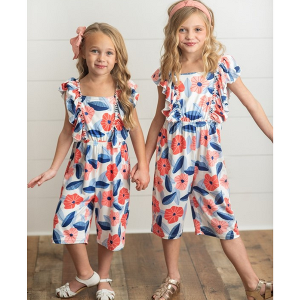 Red & Blue Flutter Ruffle Wide Leg Jumpsuit