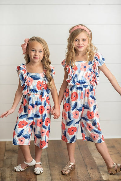 Red & Blue Flutter Ruffle Wide Leg Jumpsuit
