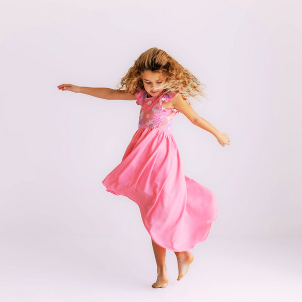 Girls Pink Purple Retro Daisy Hi-Lo Flutter Sleeve Dress