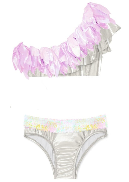 Silver One-Shoulder Bikini with Light Pink Metallic Petals and Iridescent Sequins