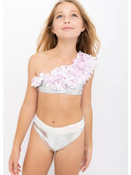 Silver One-Shoulder Bikini with Light Pink Metallic Petals and Iridescent Sequins