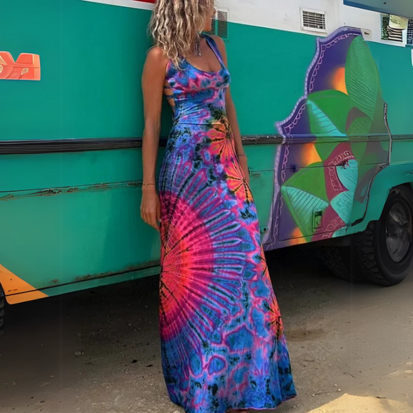 Sunburst Strappy Backless Soft Black Tie Dye Maxi for Women & Teens