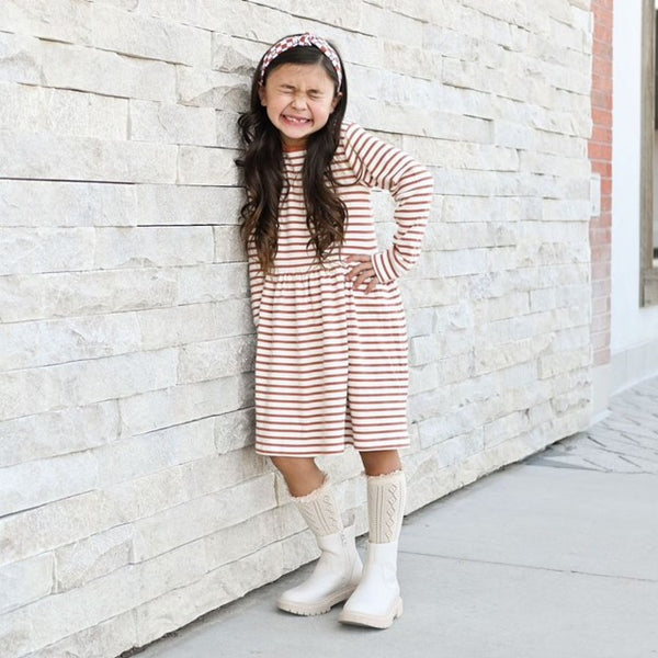 Girls Long Sleeve Ava Dress - Terracotta Stripe