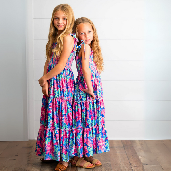 Girls Hot Pink Hawaiian Tropical Tiered Summer Maxi Dress