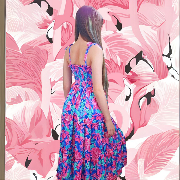 Girls Hot Pink Hawaiian Tropical Tiered Summer Maxi Dress