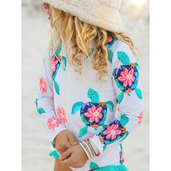 Turtle Zip Rash Guard Ruffle One Piece Swimsuit