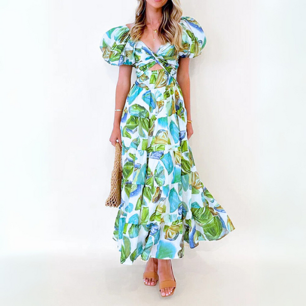 Tulip Petals Water Color Print Off-The-Shoulder Cut-Out Dress for Women & Teens
