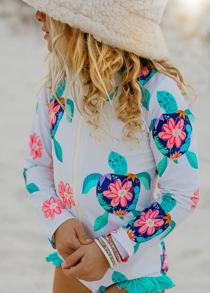 Turtle Zip Rash Guard Ruffle One Piece Swimsuit