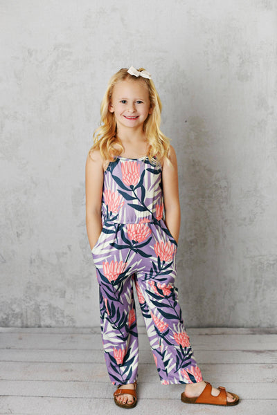 Navy Lavender Floral Jumpsuit With Pockets
