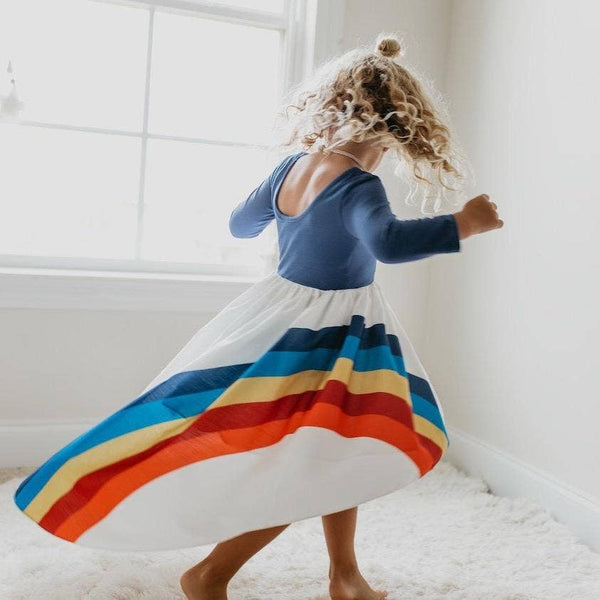 Girls' Navy Rainbow Long Sleeve High Lo Dress