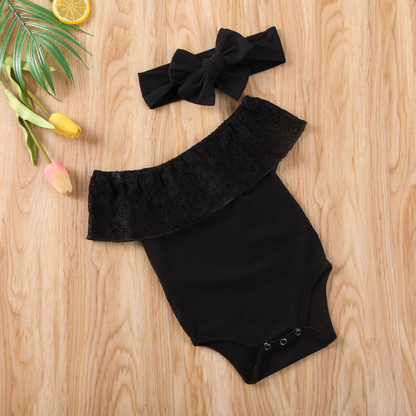 The Baby Wednesday Black Bardot-Lace Romper & Headband