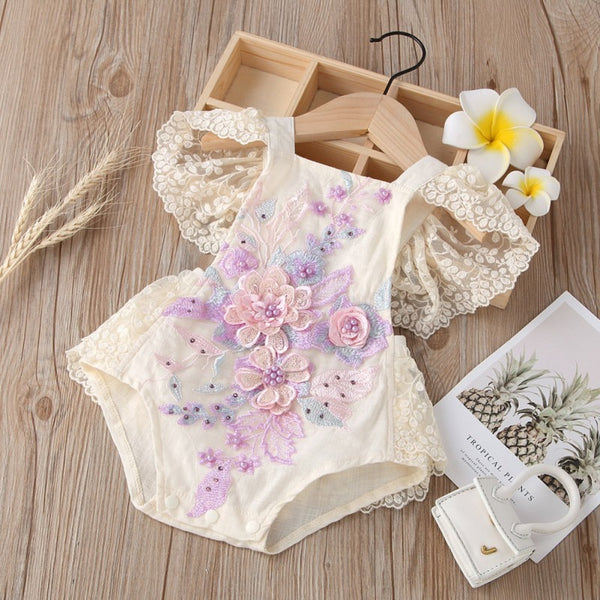 The Iliana Flutter-Sleeve Hand-Embroidered Romper