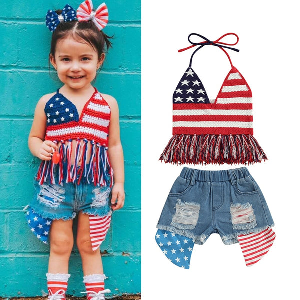 The Eden Little Girls' Crochet American flag tank and Denim Shorts Set