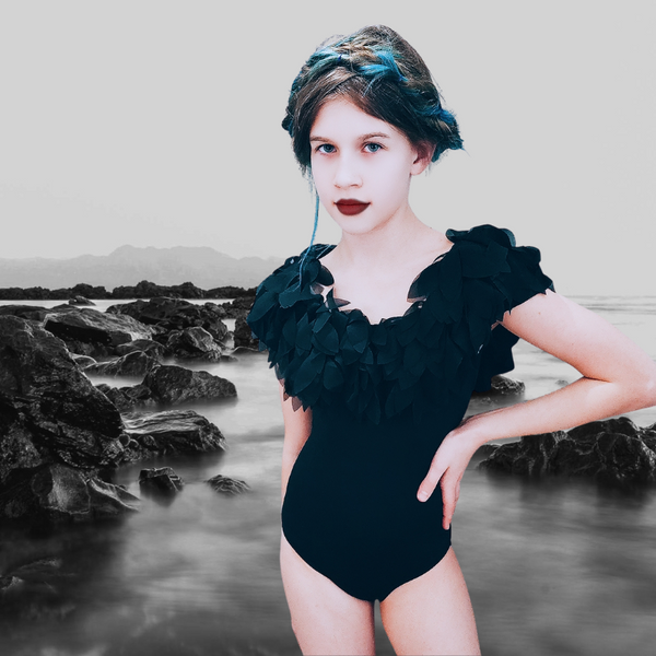 The Claudia Black Draped Bathing Suit With Petals For Girls by STELLA COVE
