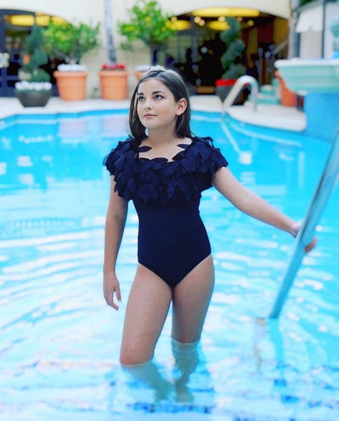 The Claudia Black Draped Bathing Suit With Petals For Girls by STELLA COVE