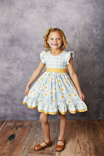 Gingham Check Daisy Ruffle Twirl Spring Dress