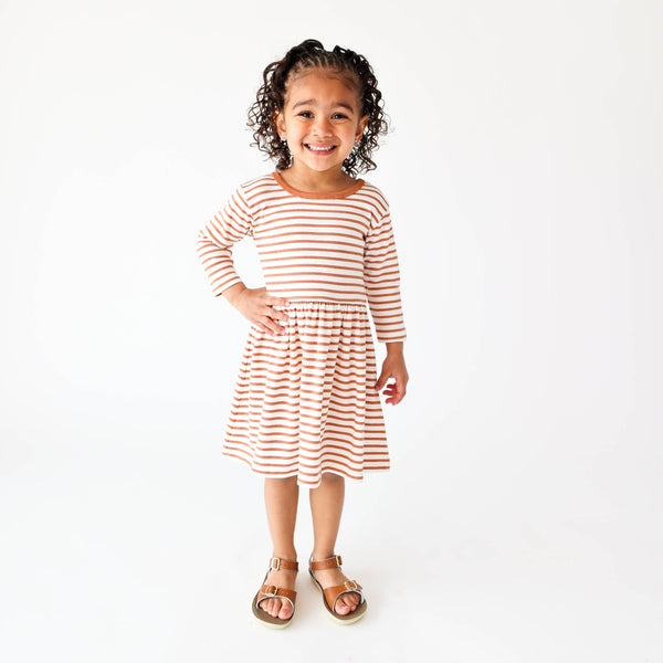 Girls Long Sleeve Ava Dress - Terracotta Stripe