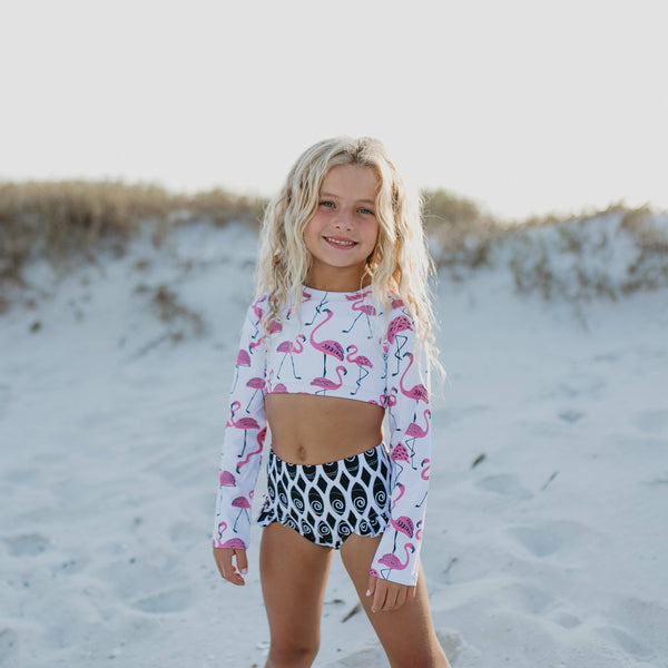 Pink & Black Flamingo 2-Piece Rash Guard Swimsuit with Ruffle Accent