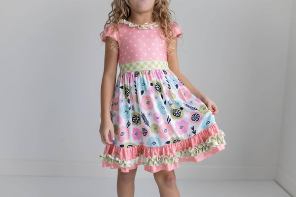 Peach & Green Floral Gingham Ruffle Dress