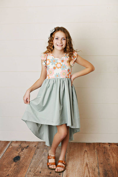Mint Sage Retro Daisy Hi-Lo Flutter Sleeve Dress