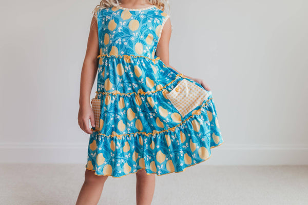 Teal Lemon Pocket Bow Ruffle Dress