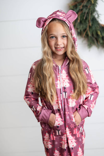 Girls' Pink Christmas Tree Holiday Zip Onesie Set With Ears