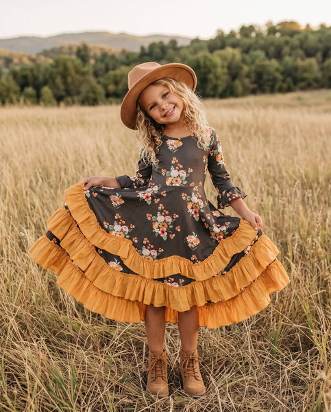 Girls Chocolate & Mustard Fall Twirl Ruffles Dress