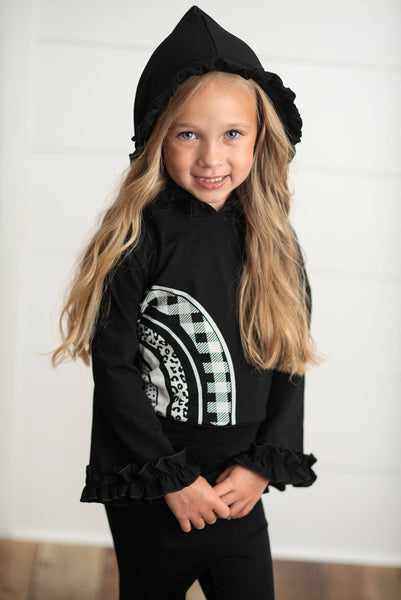 Black & White Rainbow Check Hooded Ruffle Pocket Lounge Set for Girls