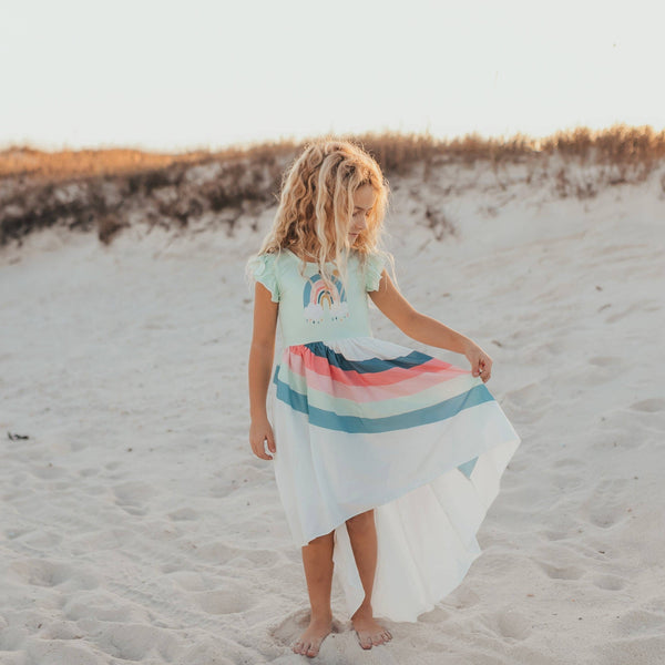 Mint Blue Short Sleeve Rainbow Hi Lo Dress