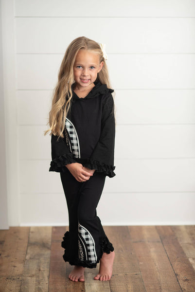 Black & White Rainbow Check Hooded Ruffle Pocket Lounge Set for Girls