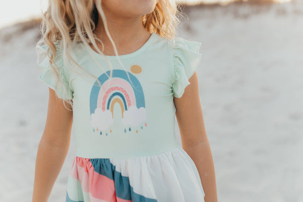 Mint Blue Short Sleeve Rainbow Hi Lo Dress